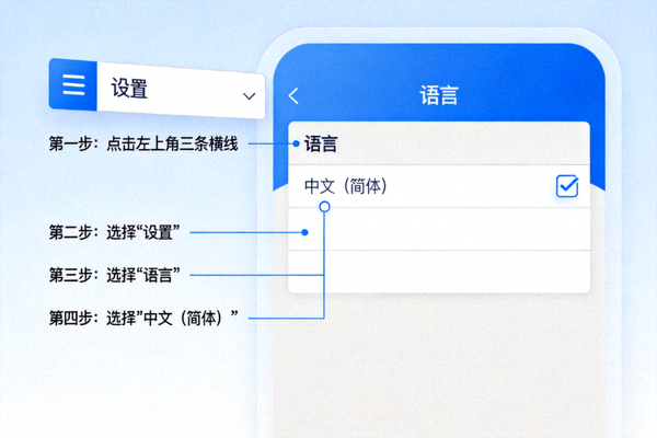 Telegram应用内语言设置界面的示意图，展示如何找到并选择中文选项